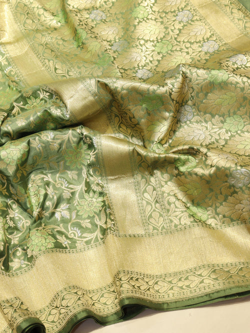 Bottle Green Katan Silk Banarasi saree front drape view – Hikayat Banaras