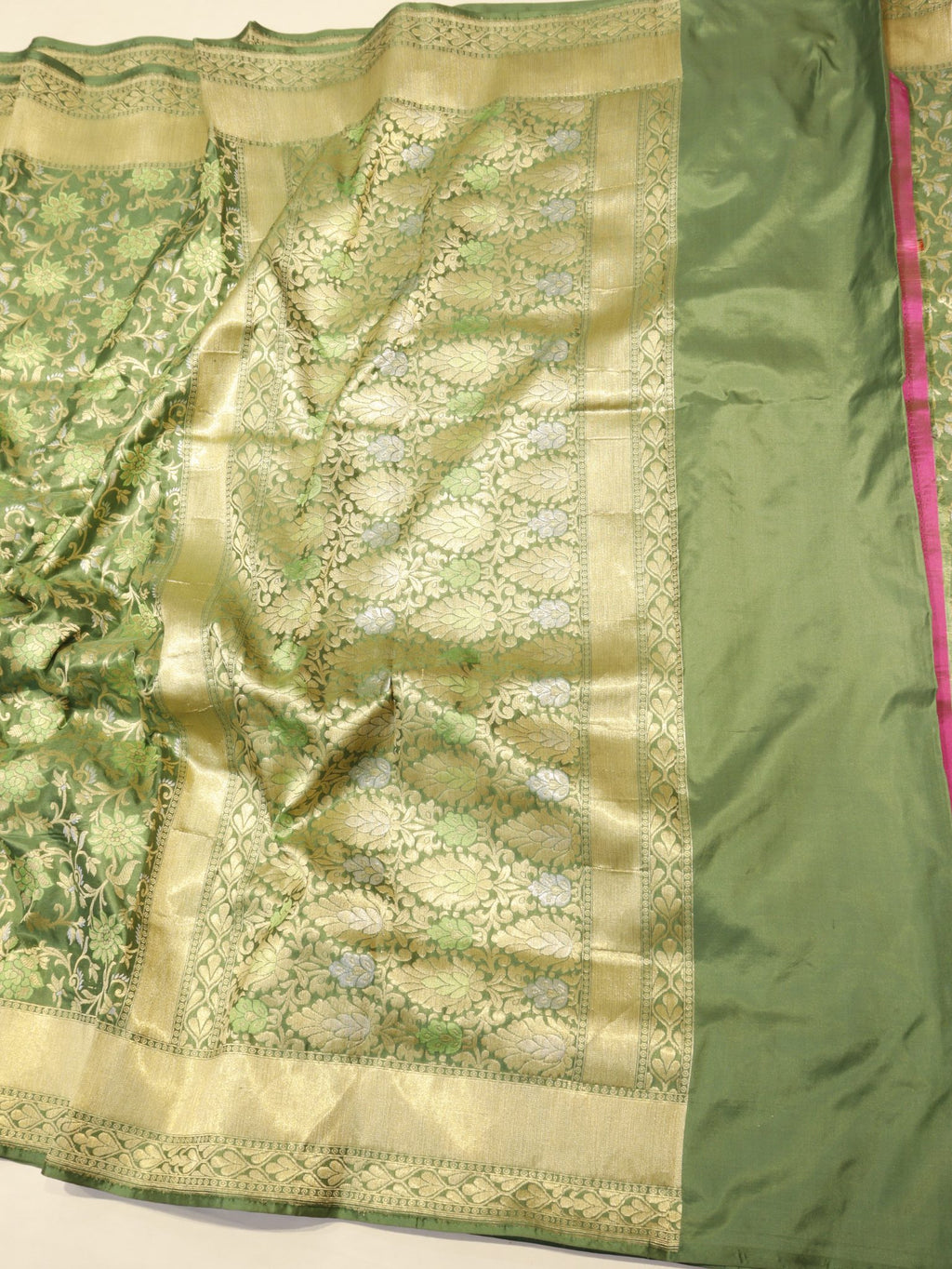 Bottle Green Katan Silk Banarasi saree full spread – Hikayat Banaras