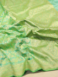 Green Katan Silk Banarasi saree front drape view – Hikayat Banaras