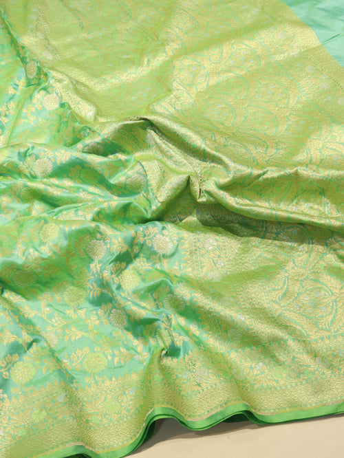 Green Katan Silk Banarasi saree front drape view – Hikayat Banaras