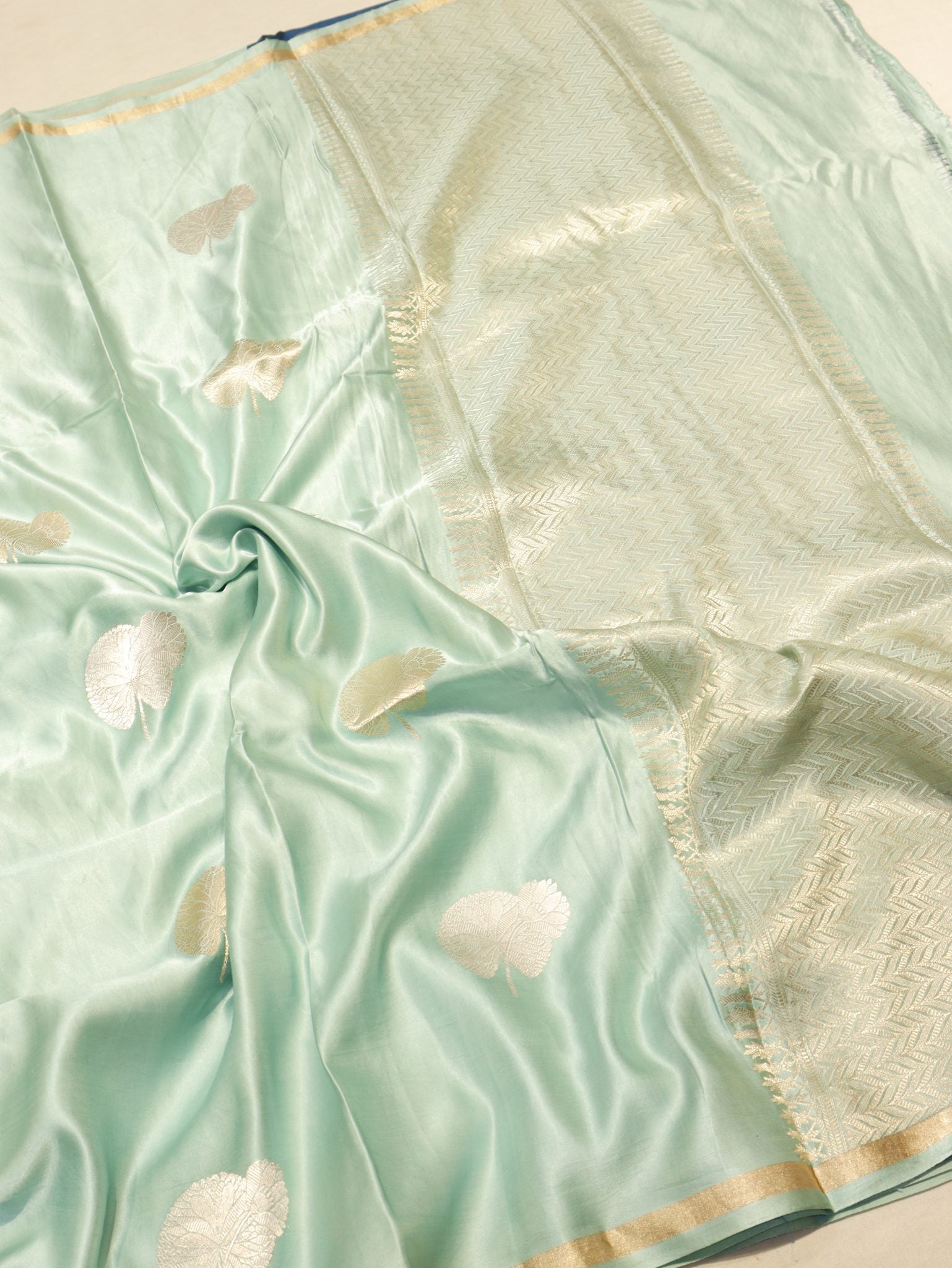 Pale Turquoise Mashru Silk Banarasi saree front drape view