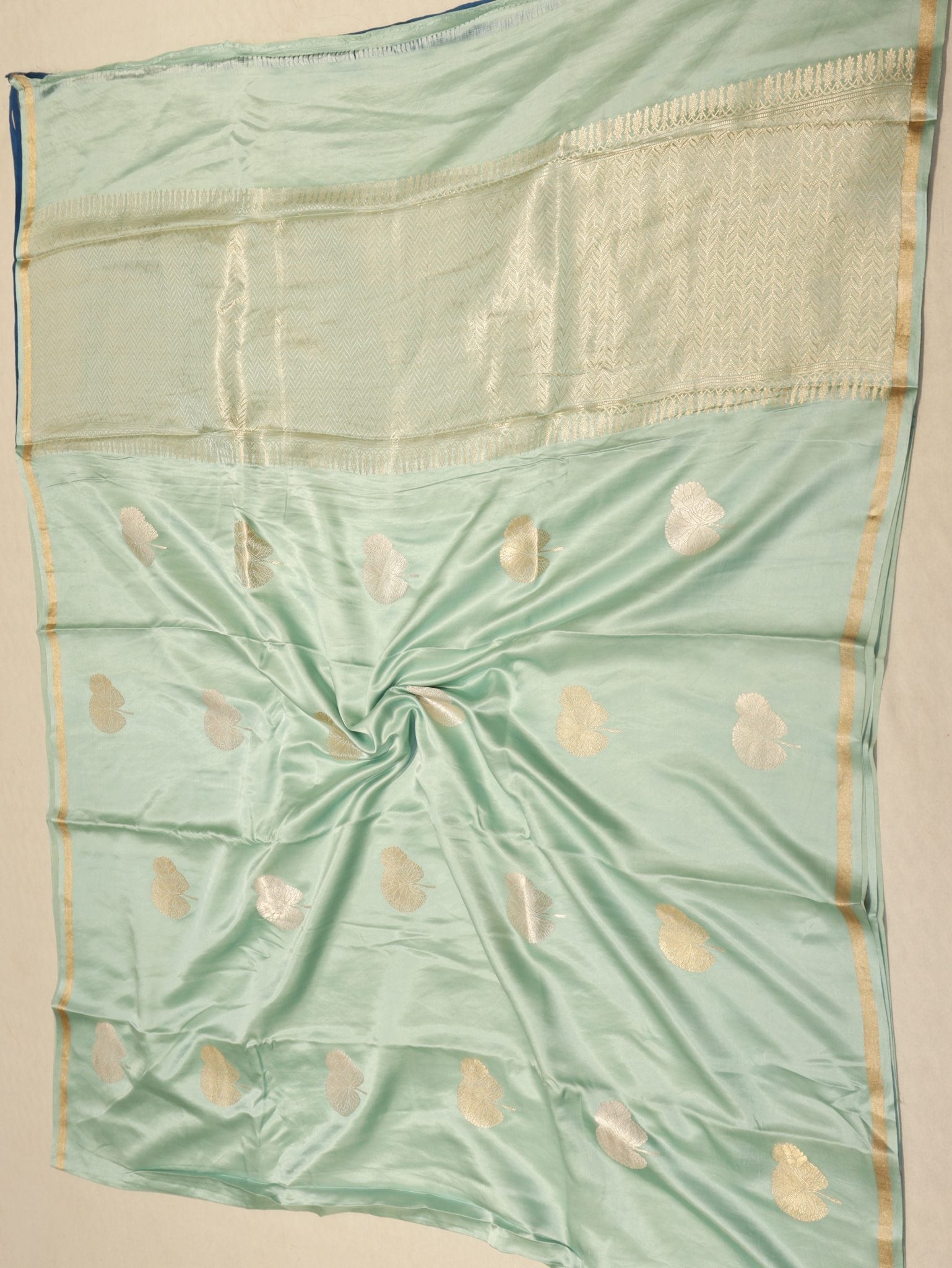 Pale Turquoise Mashru Silk Banarasi saree zari work detail