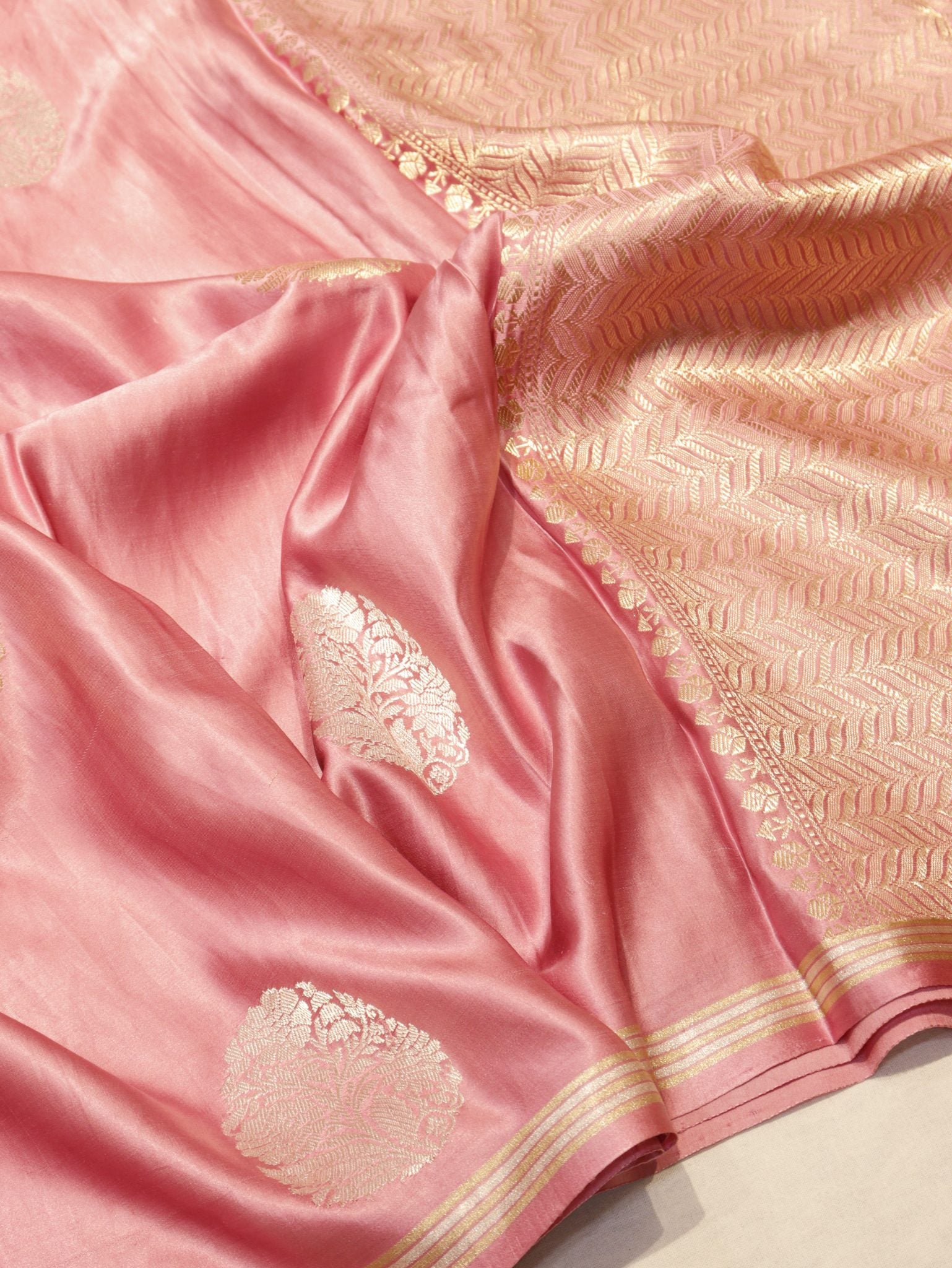 Pink Pure Mashru Silk Banarasi saree front drape view