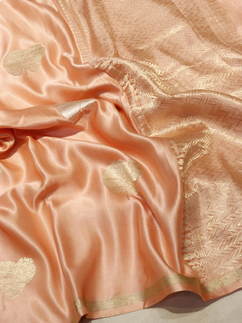 Peach Mashru Silk Saree Banarasi saree front drape view