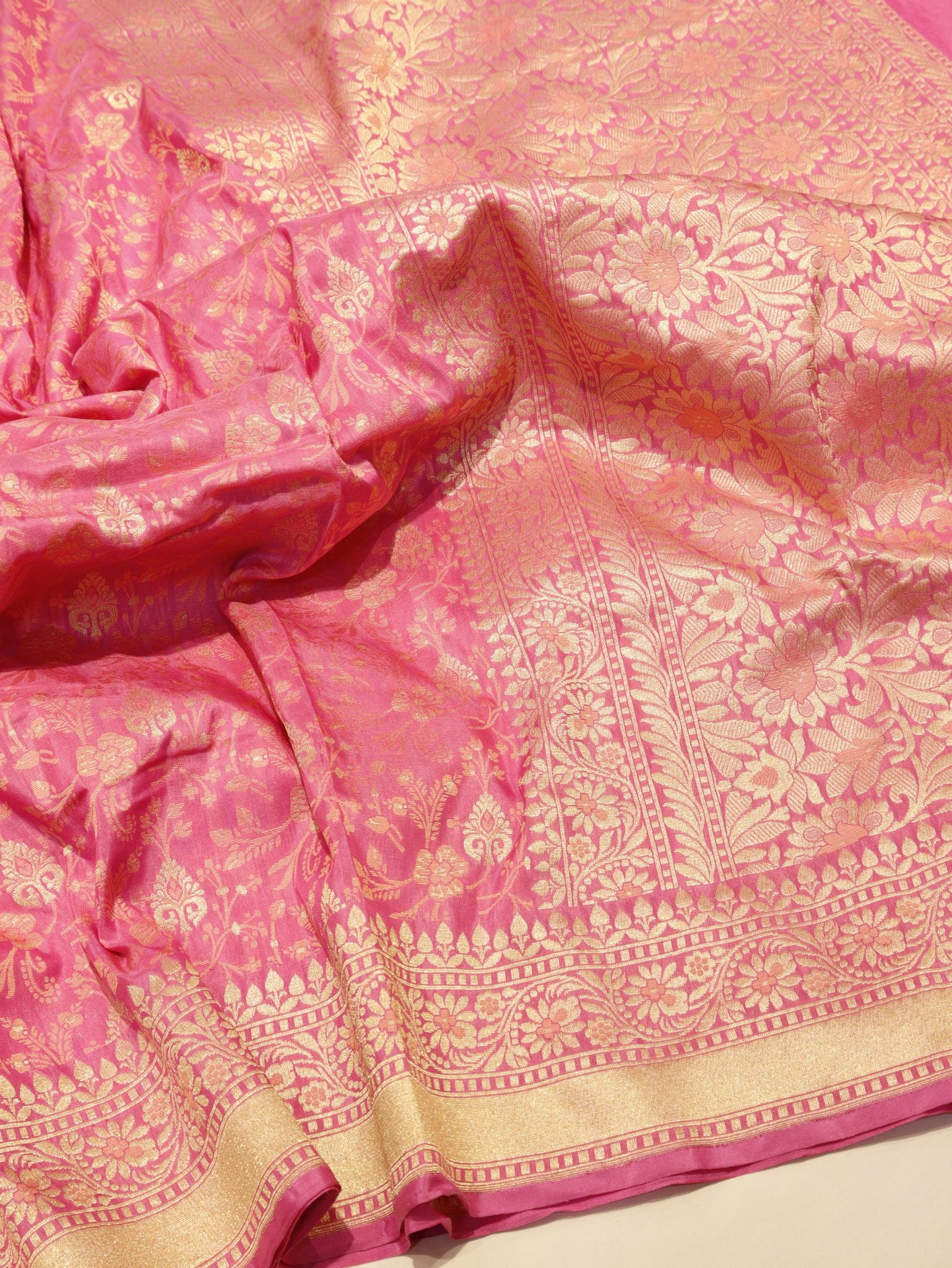 Pink Summer Silk Banarasi saree front drape view