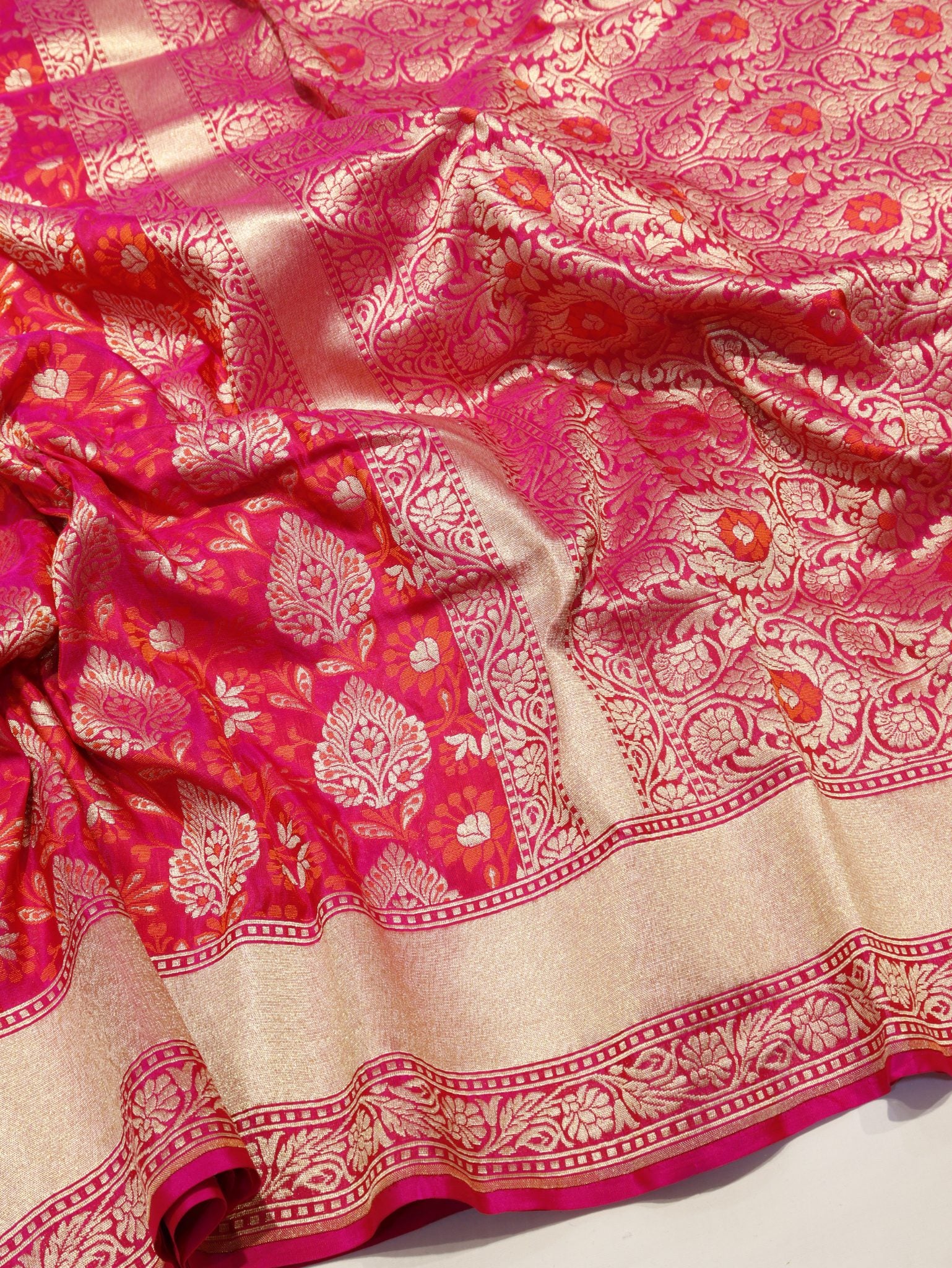Rani Pink Summer Silk Banarasi saree front drape view