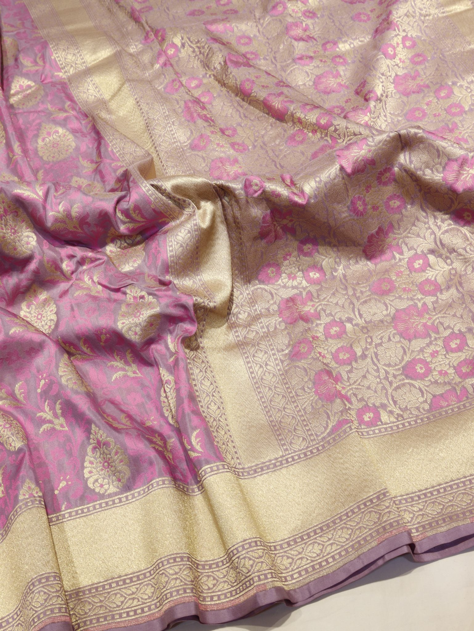 Lavender Summer Silk Banarasi saree front drape view