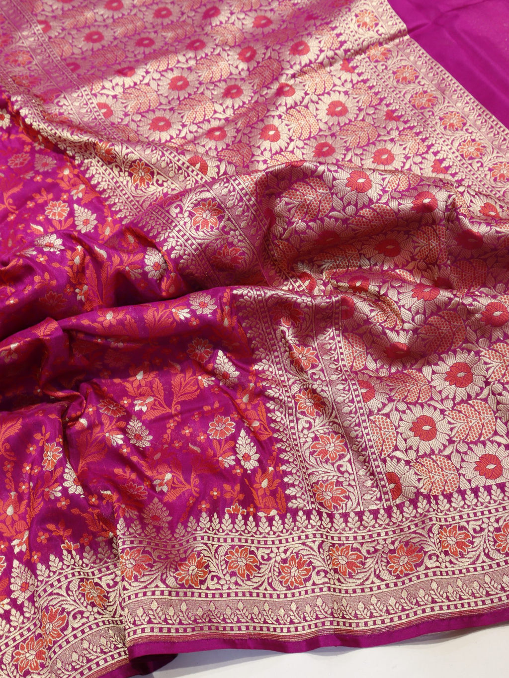 Magenta Pink Summer Silk Banarasi saree front drape view