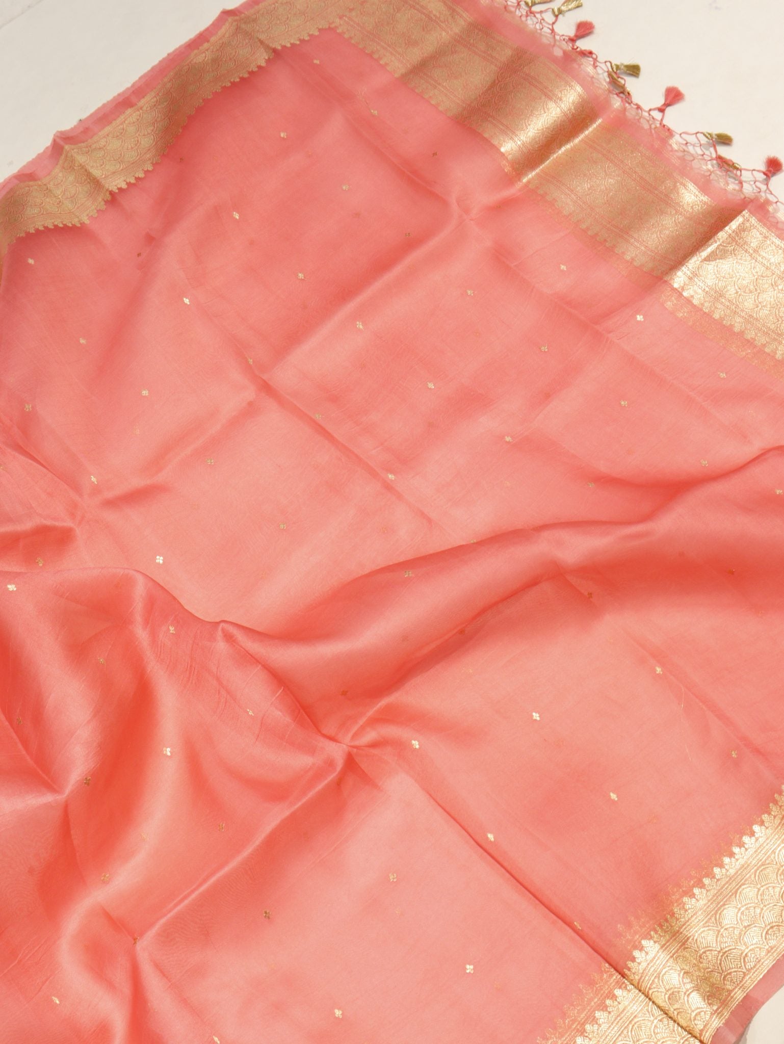 Fusion Coral Linen Banarasi suit neckline detail