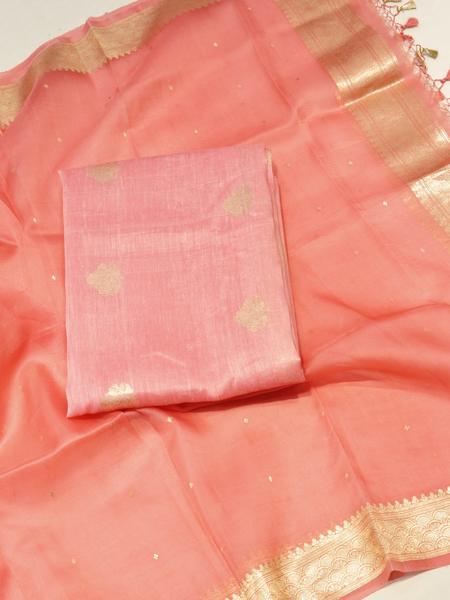Fusion Coral Linen Banarasi suit front drape view
