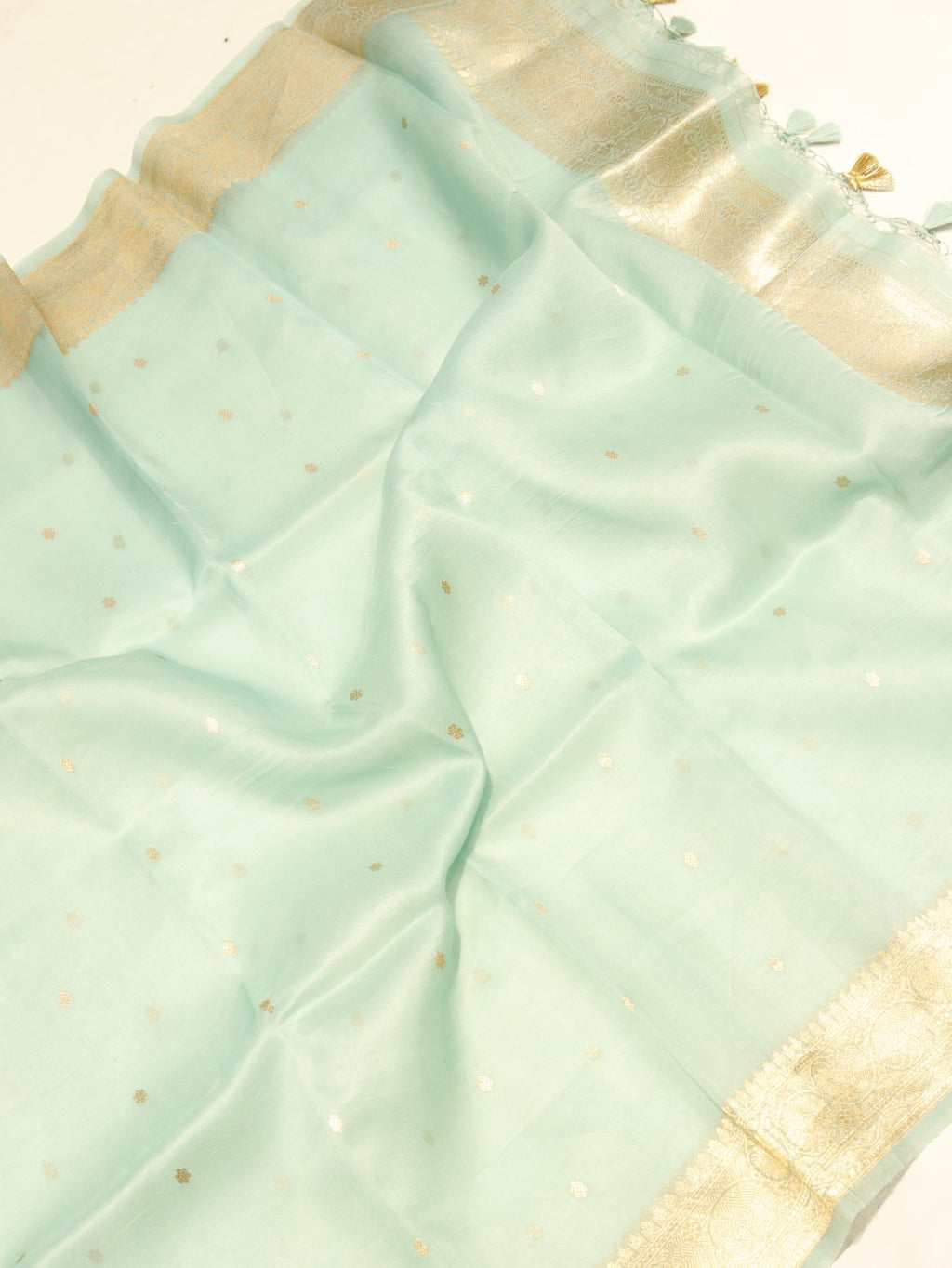 Mint Linen Banarasi suit front drape view