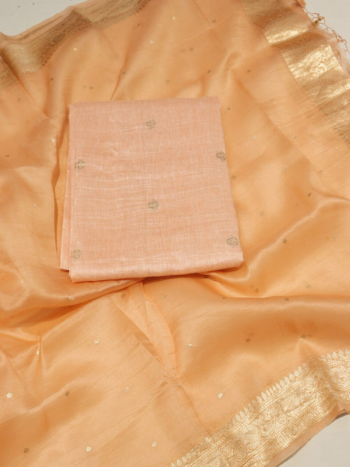 Calm Orange Linen Banarasi suit front drape view