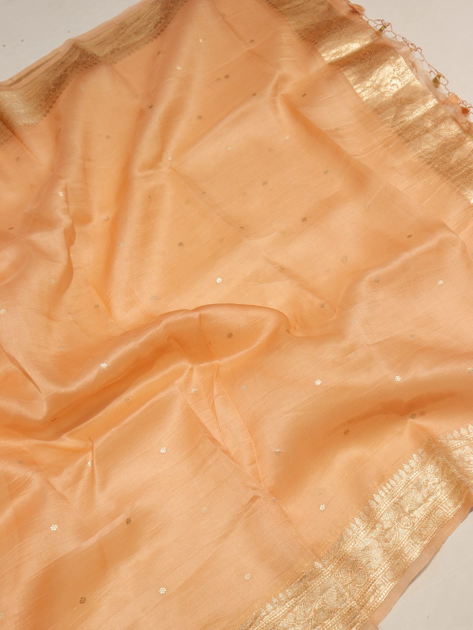 Calm Orange Linen Banarasi suit neckline detail