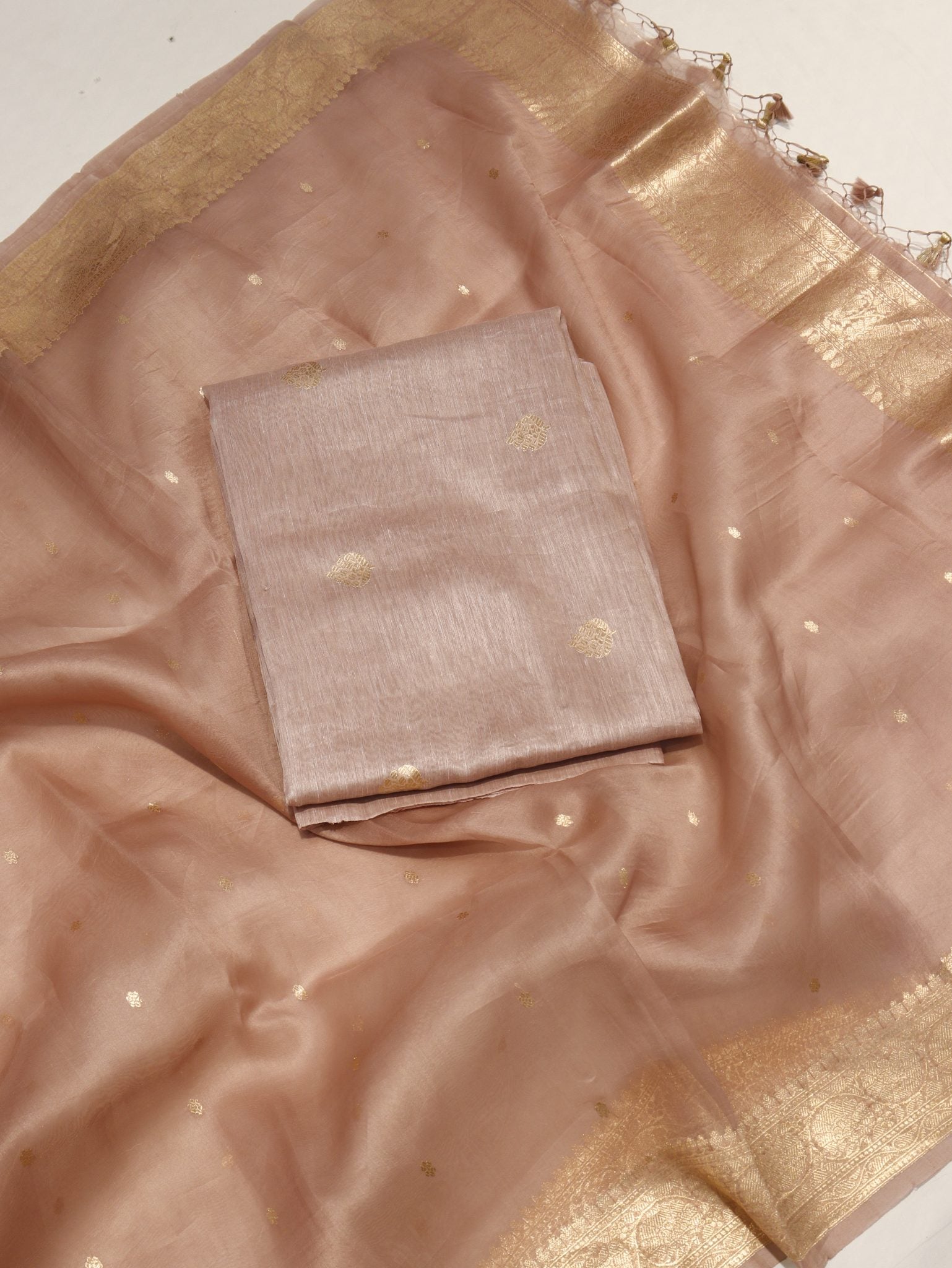 Coffee Powder Brown Linen Banarasi suit front drape view