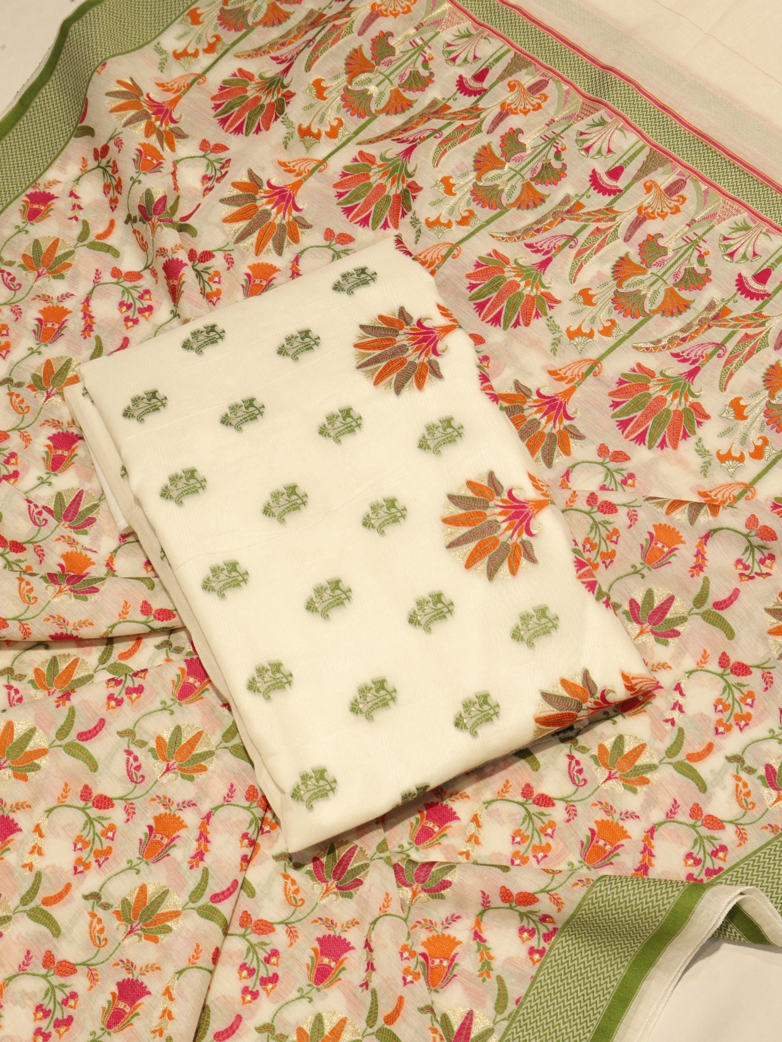 White Cotton Banarasi suit front drape view