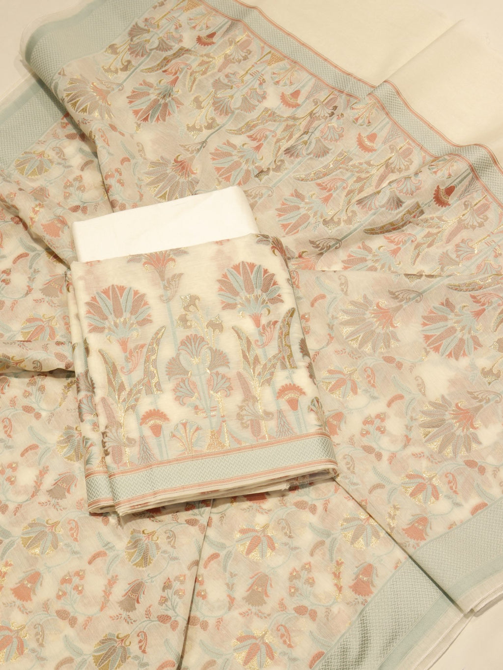 White Cotton Banarasi suit front drape view