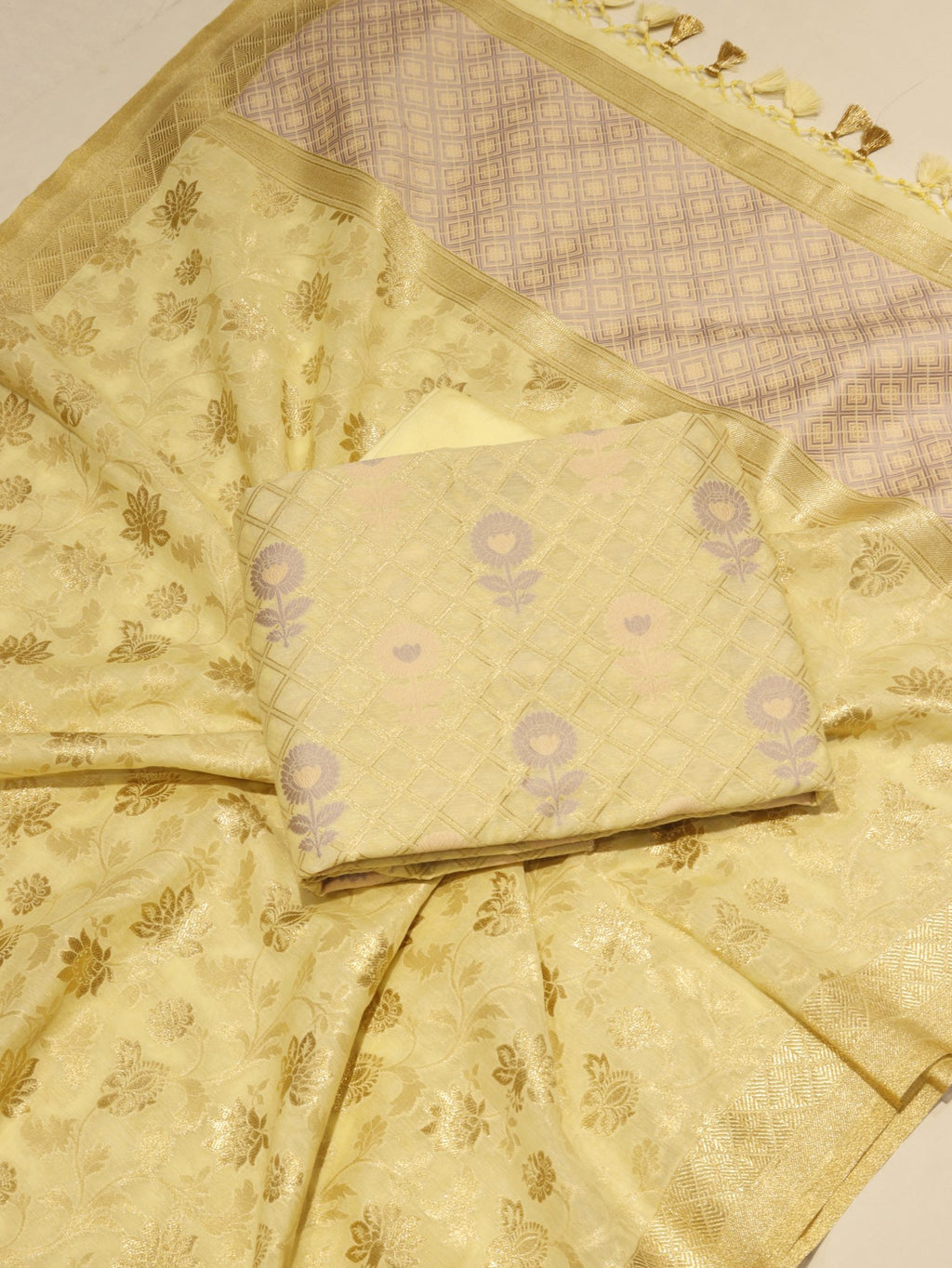 Yellow Cotton Banarasi suit front drape view