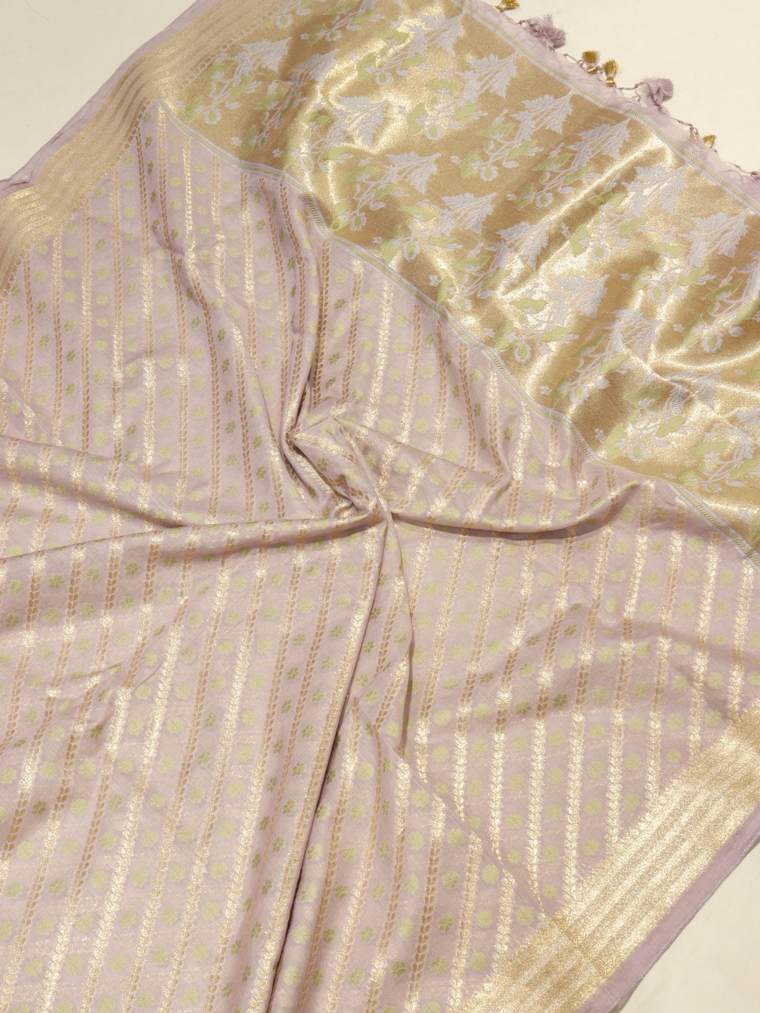 Pastel Lavender Cotton Banarasi suit front drape view