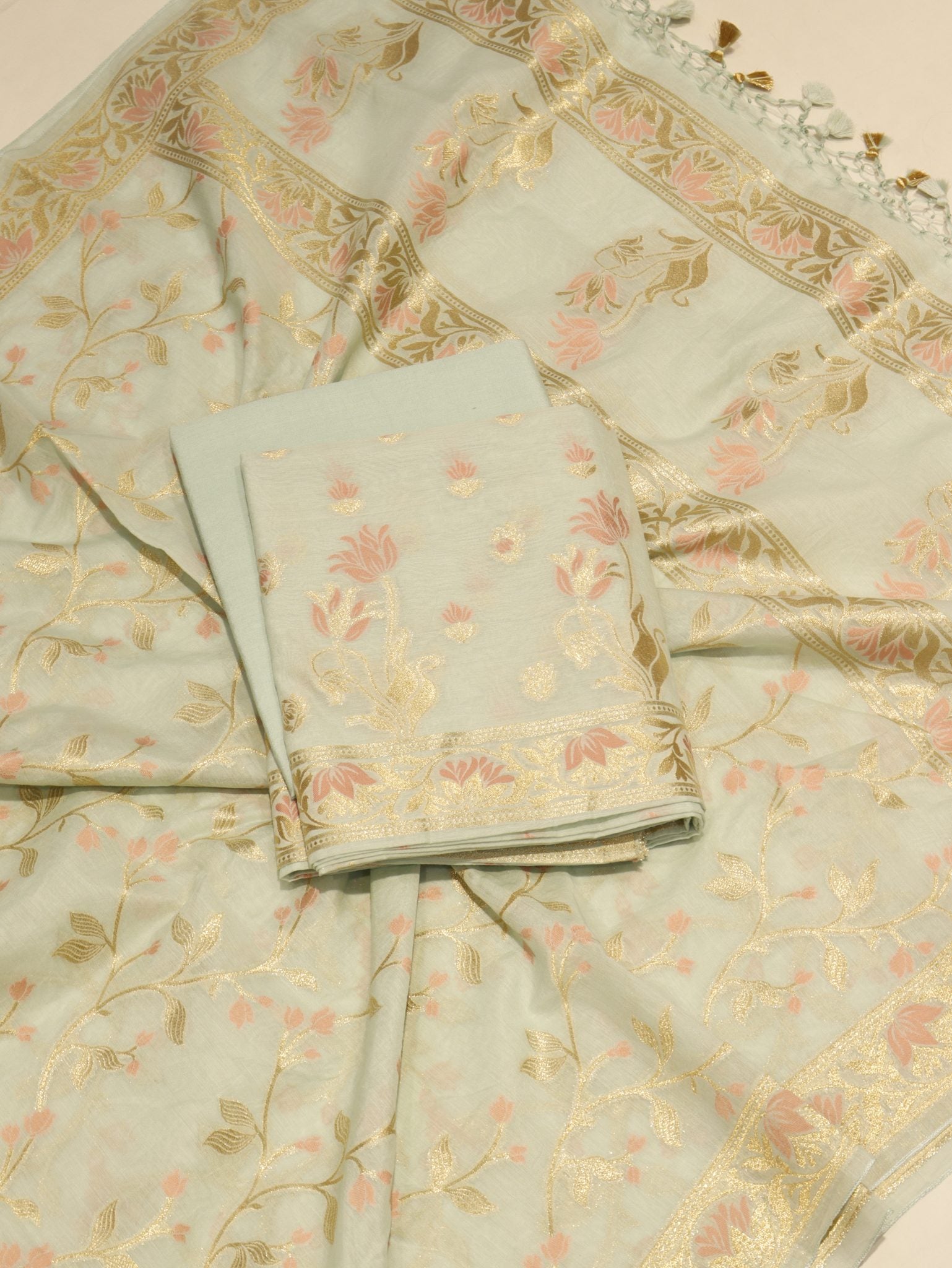 Soft Seafoam Cotton Banarasi suit front drape view