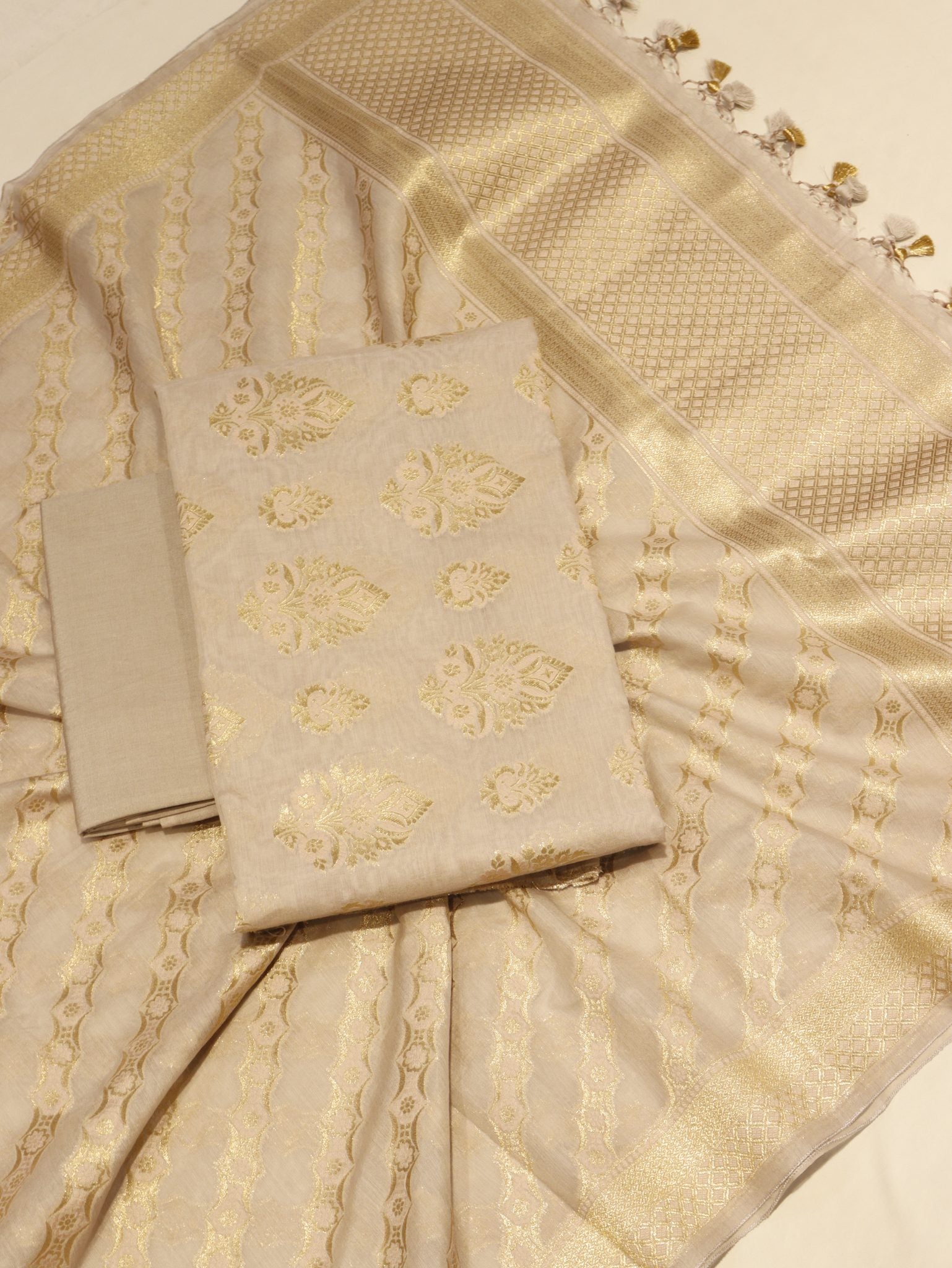 Beige Cotton Banarasi suit front drape view