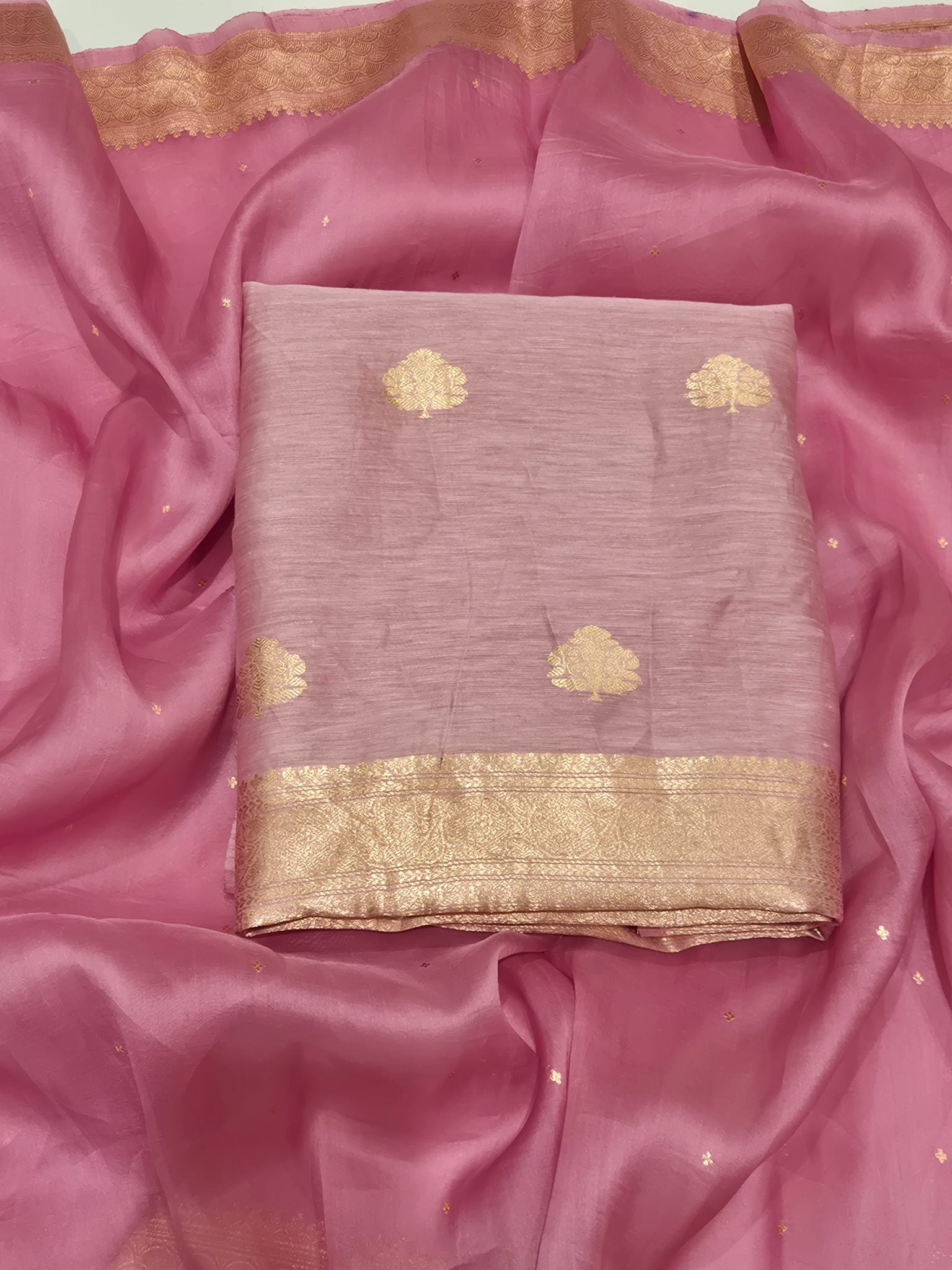 Pink Pure Linen Banarasi suit front drape view