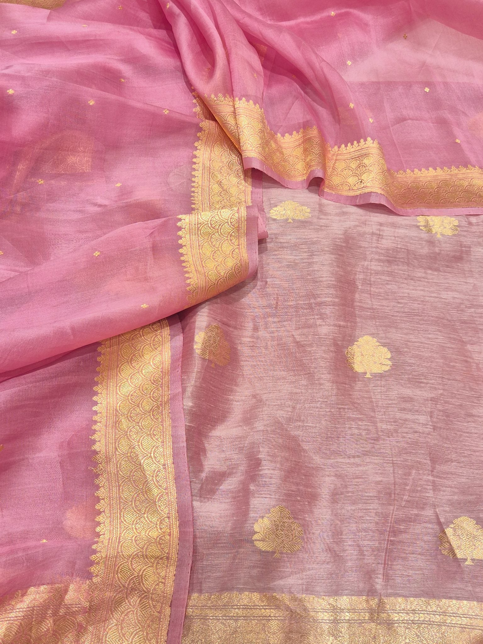 Pink Pure Linen Banarasi suit neckline detail