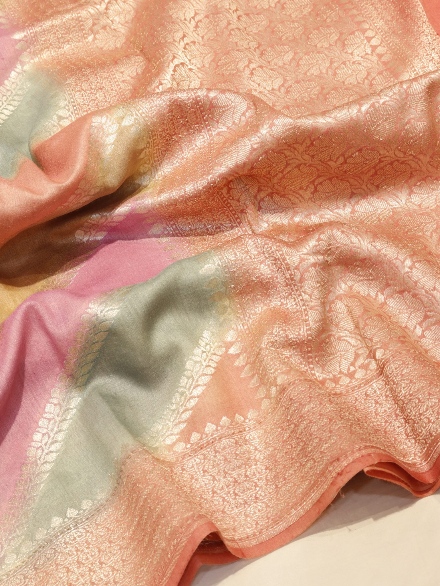 Peach Moonga Silk Banarasi saree front drape view