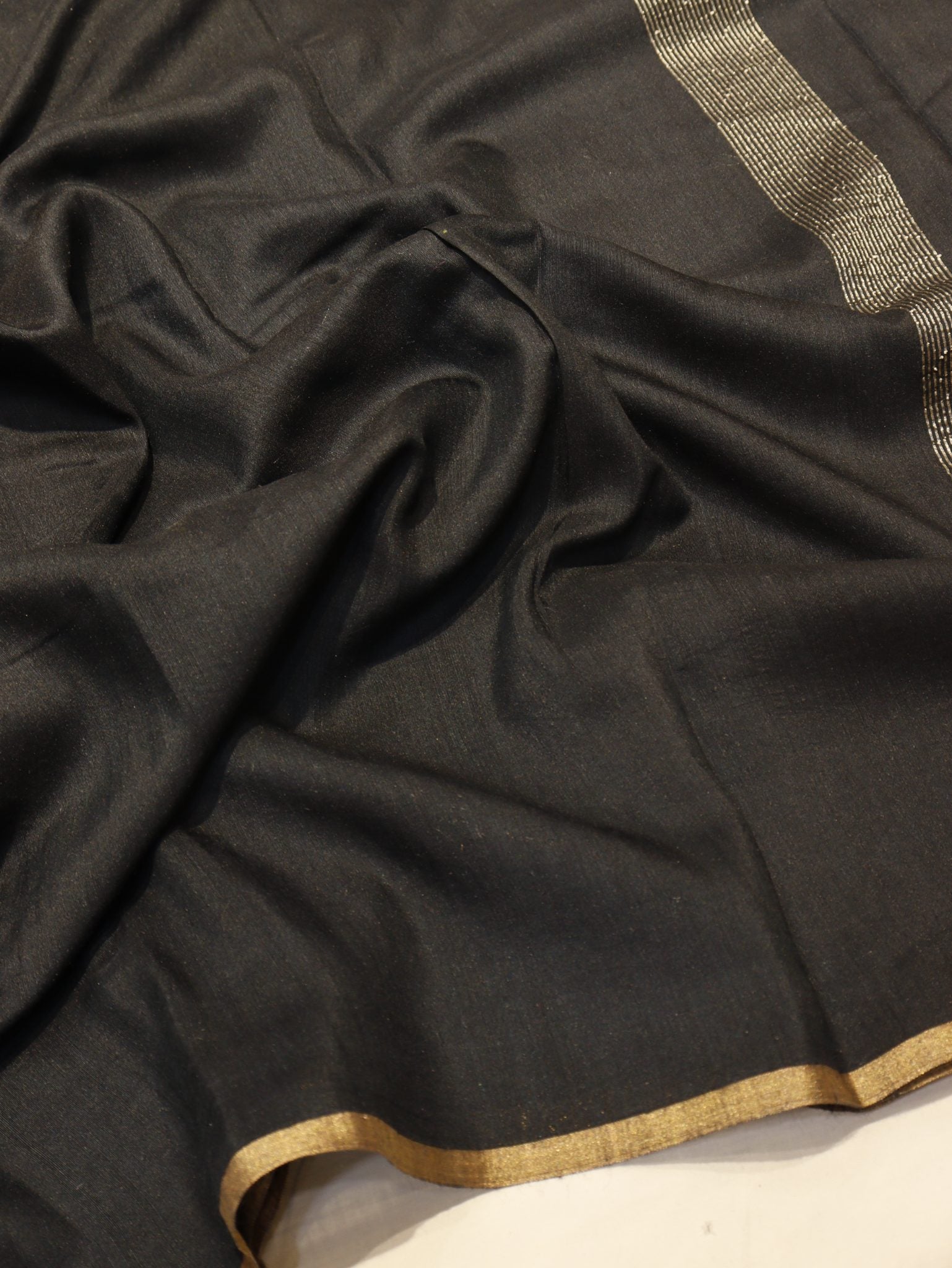 Black Moonga Silk Banarasi saree front drape view