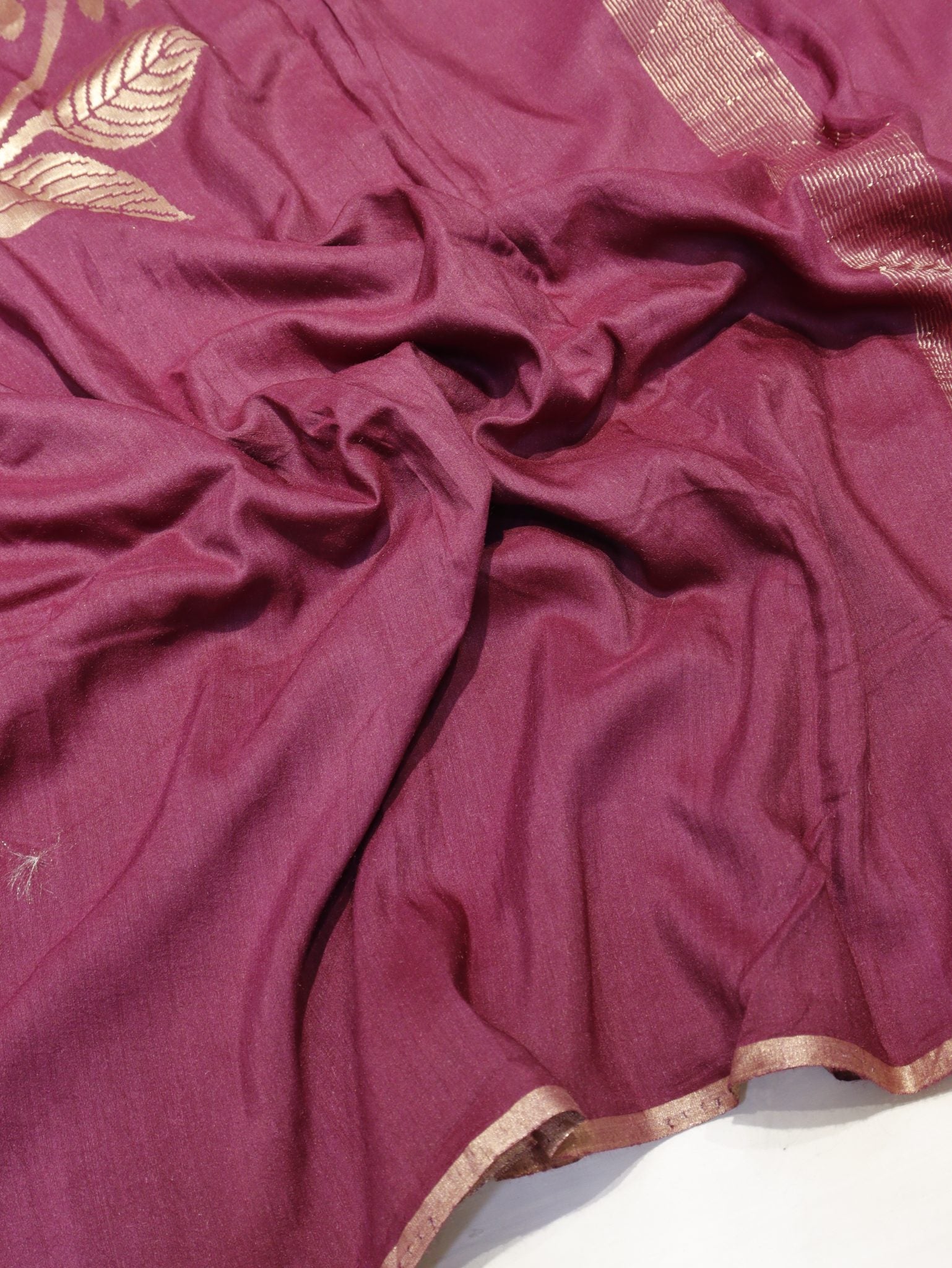 Plum Moonga Silk Banarasi saree front drape view