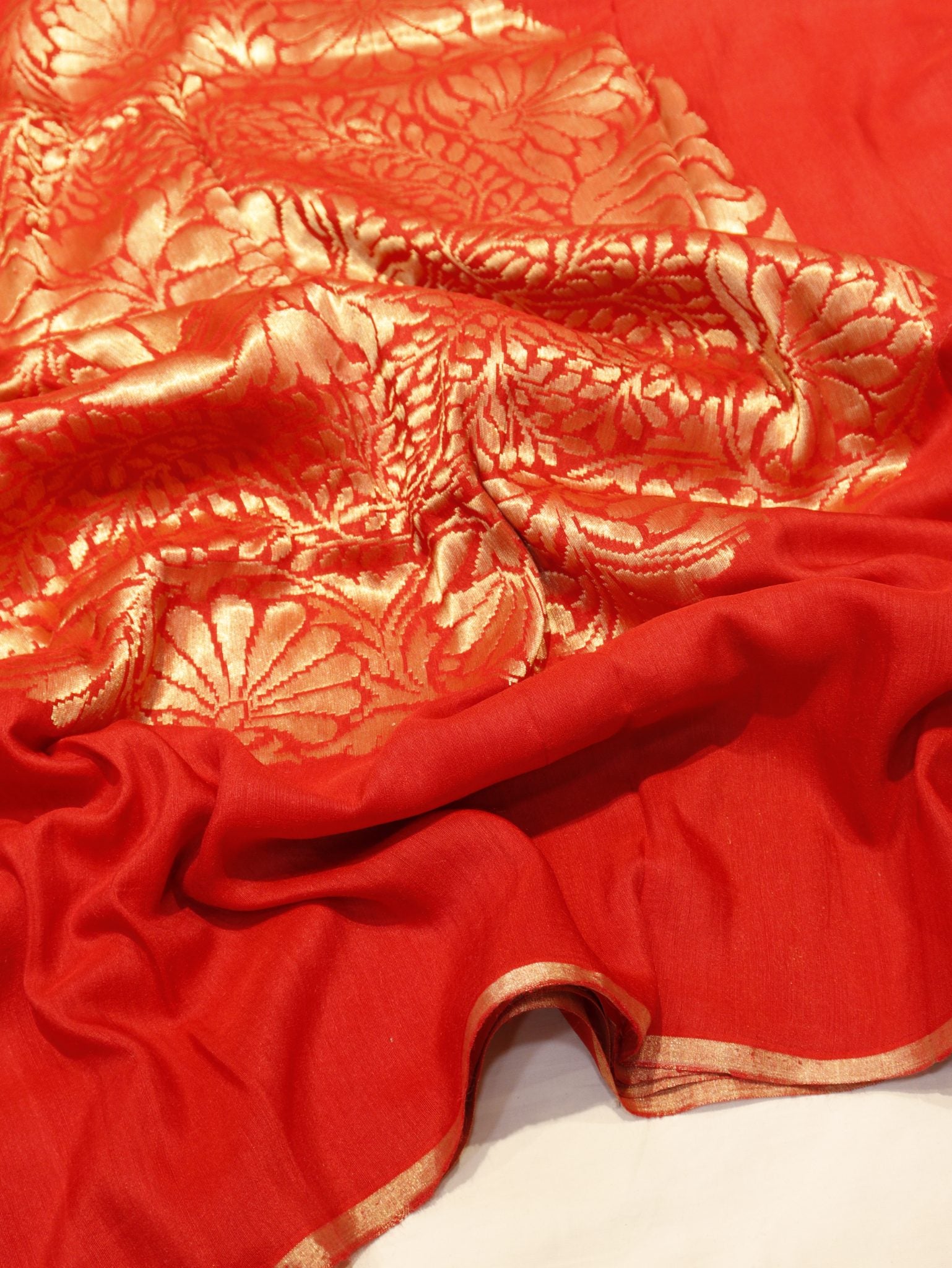 Red Moonga Silk Banarasi saree front drape view