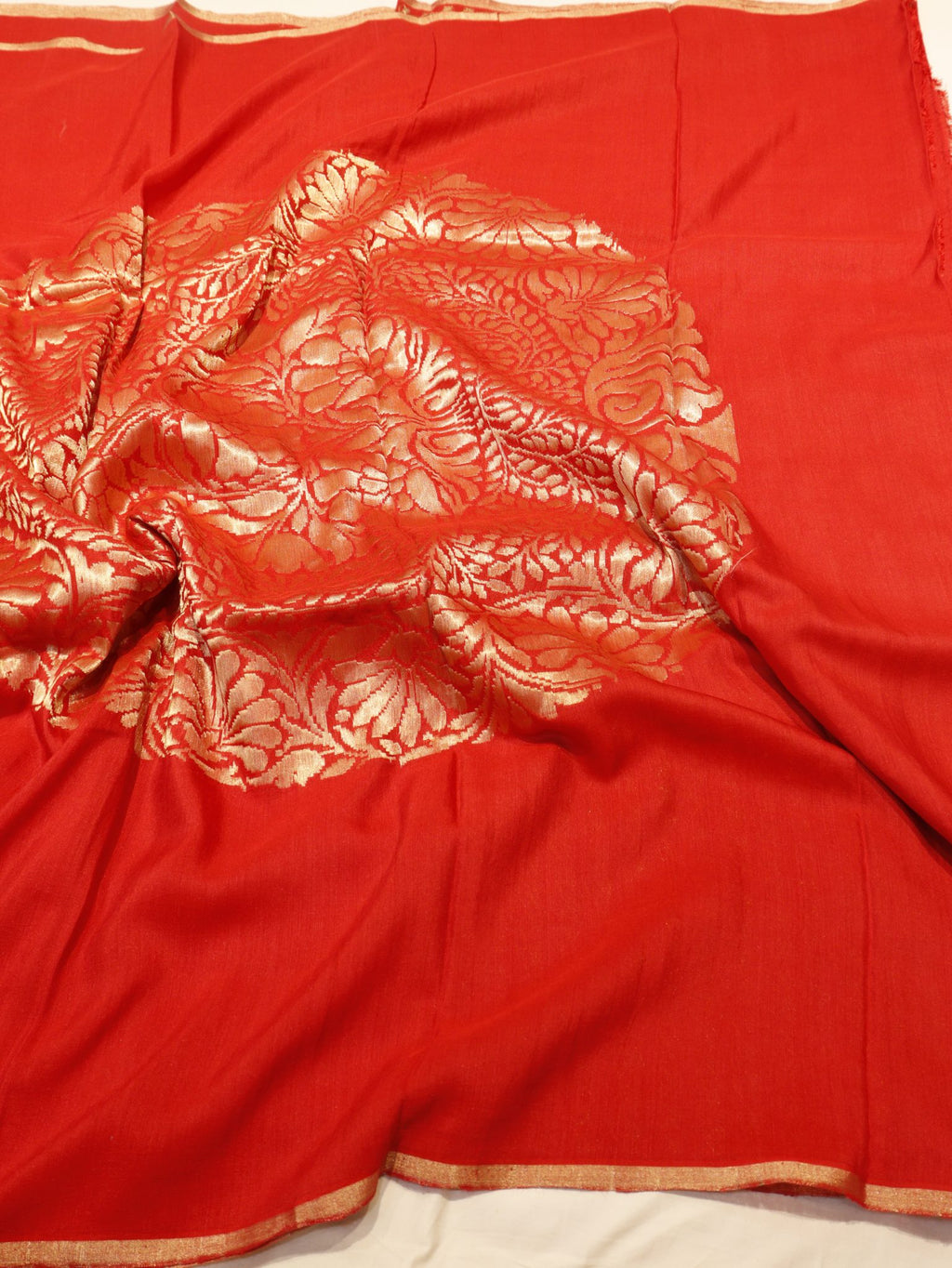 Red Moonga Silk Banarasi saree full spread
