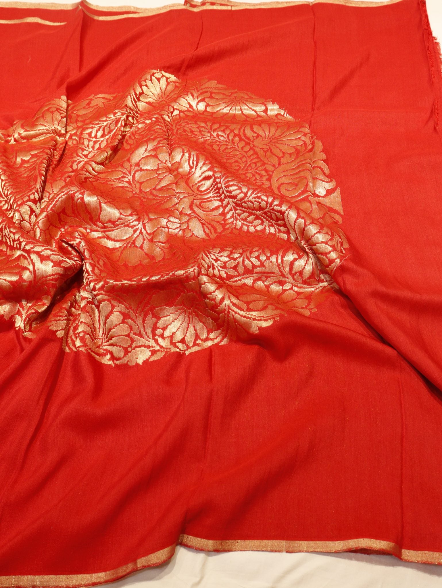 Red Moonga Silk Banarasi saree full spread