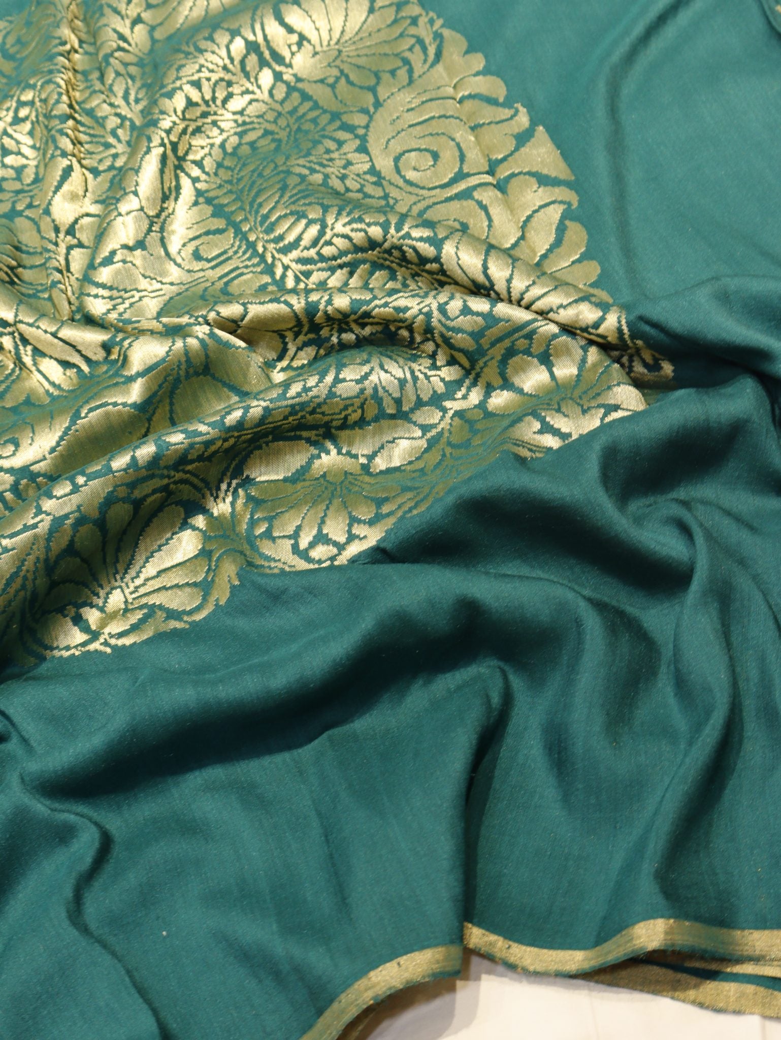 Bottle Green Moonga Silk Banarasi saree front drape view