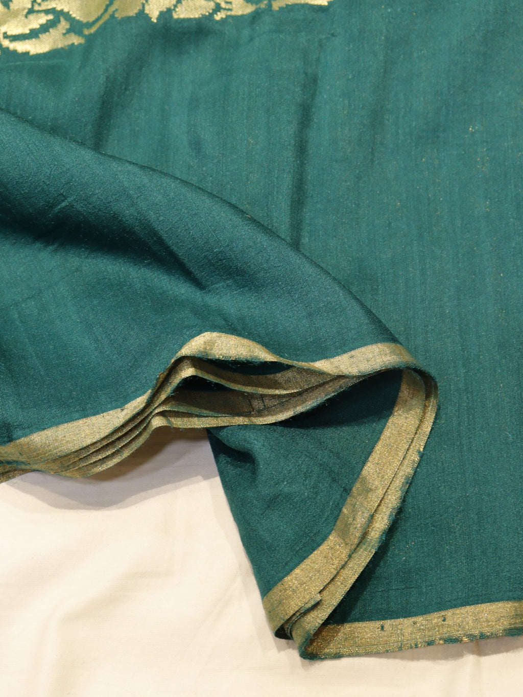 Bottle Green Moonga Silk Banarasi saree texture detail