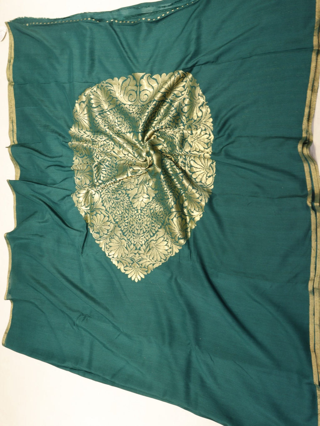 Bottle Green Moonga Silk Banarasi saree front drape view