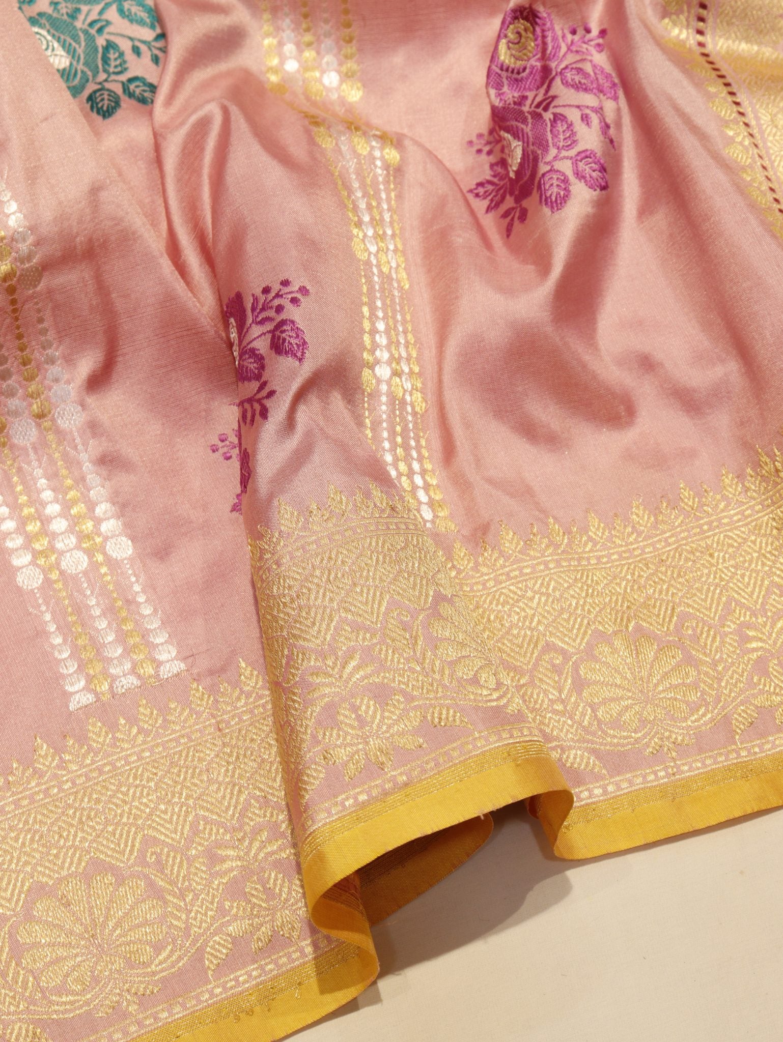 Soft Pink Katan Silk Banarasi saree texture detail