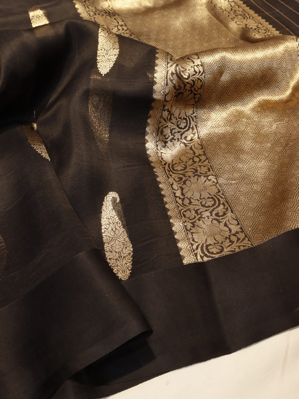 Black Kora Silk Banarasi saree front drape view