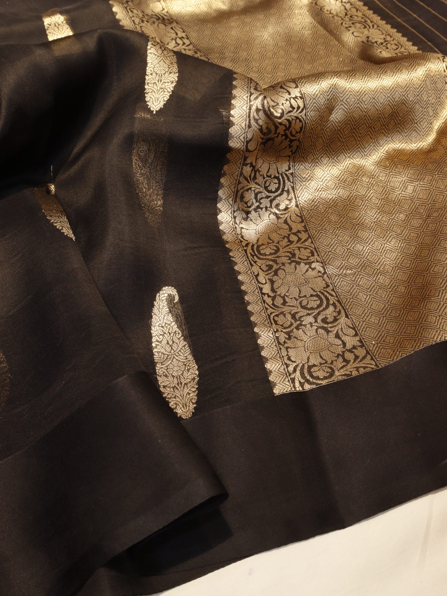 Black Kora Silk Banarasi saree front drape view