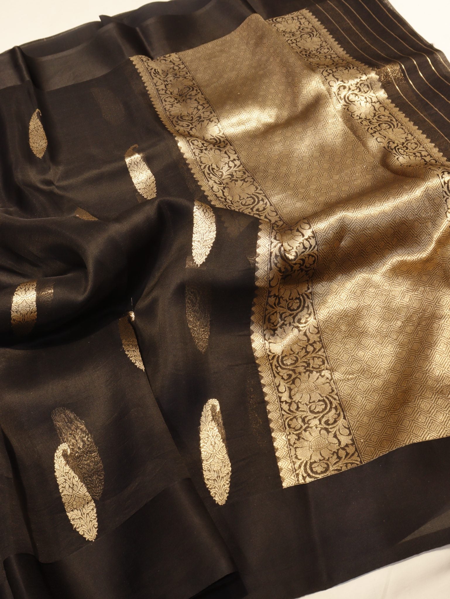 Black Kora Silk Banarasi saree border closeup