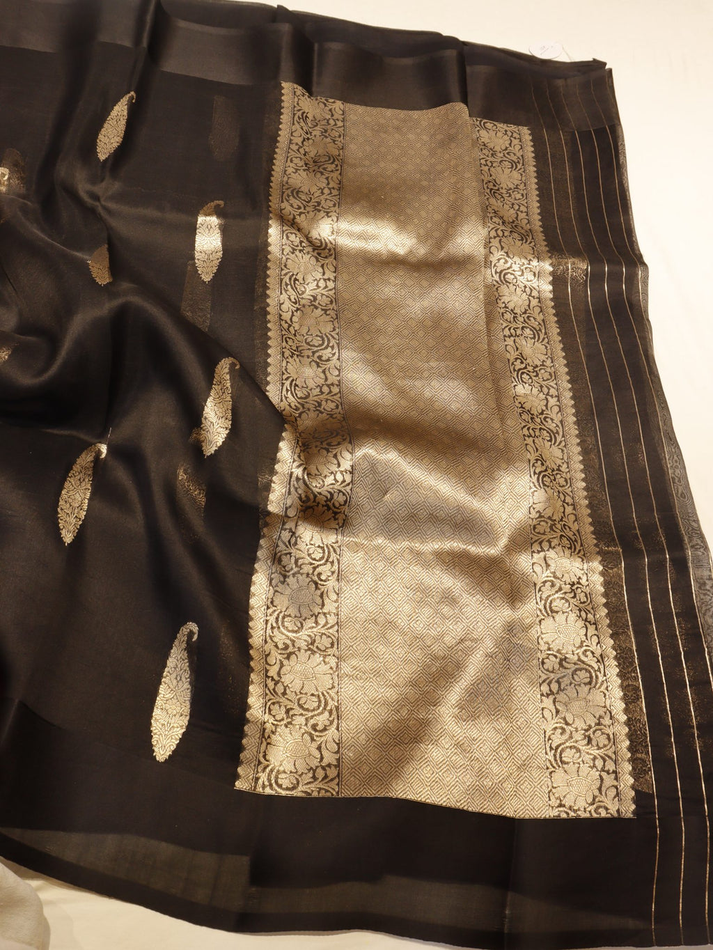 Black Kora Silk Banarasi saree texture detail