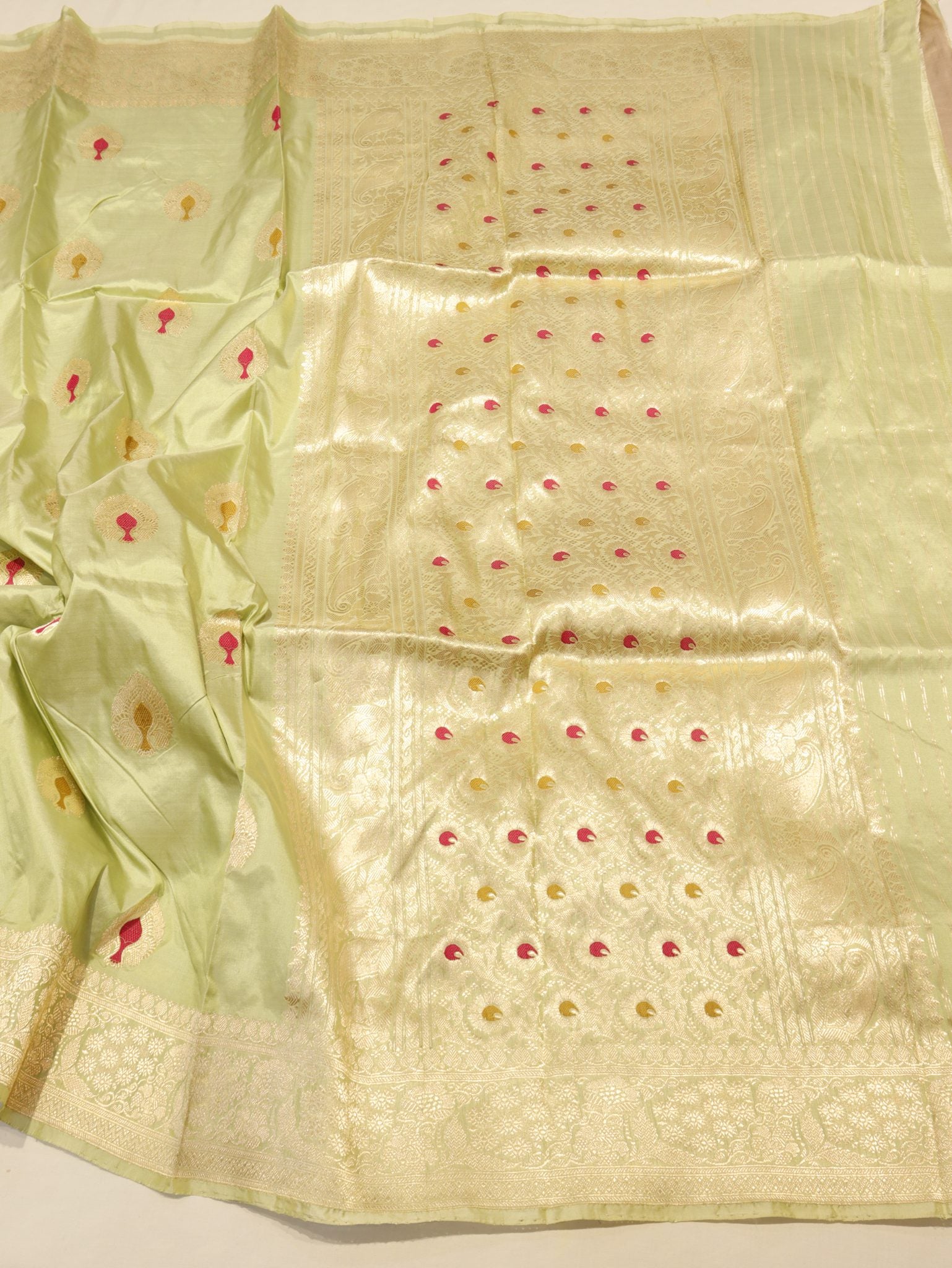 Pistachio Katan Silk Banarasi saree texture detail