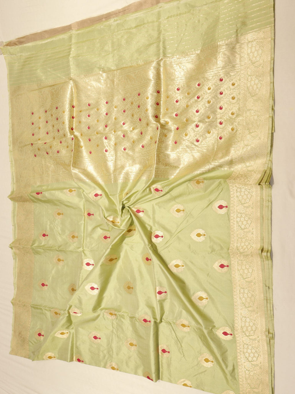 Pistachio Katan Silk Banarasi saree front drape view