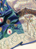Peacock Blue Dual Shade Katan Silk Banarasi saree pallu detail