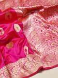 Rani Pink Katan Silk Banarasi saree front drape view
