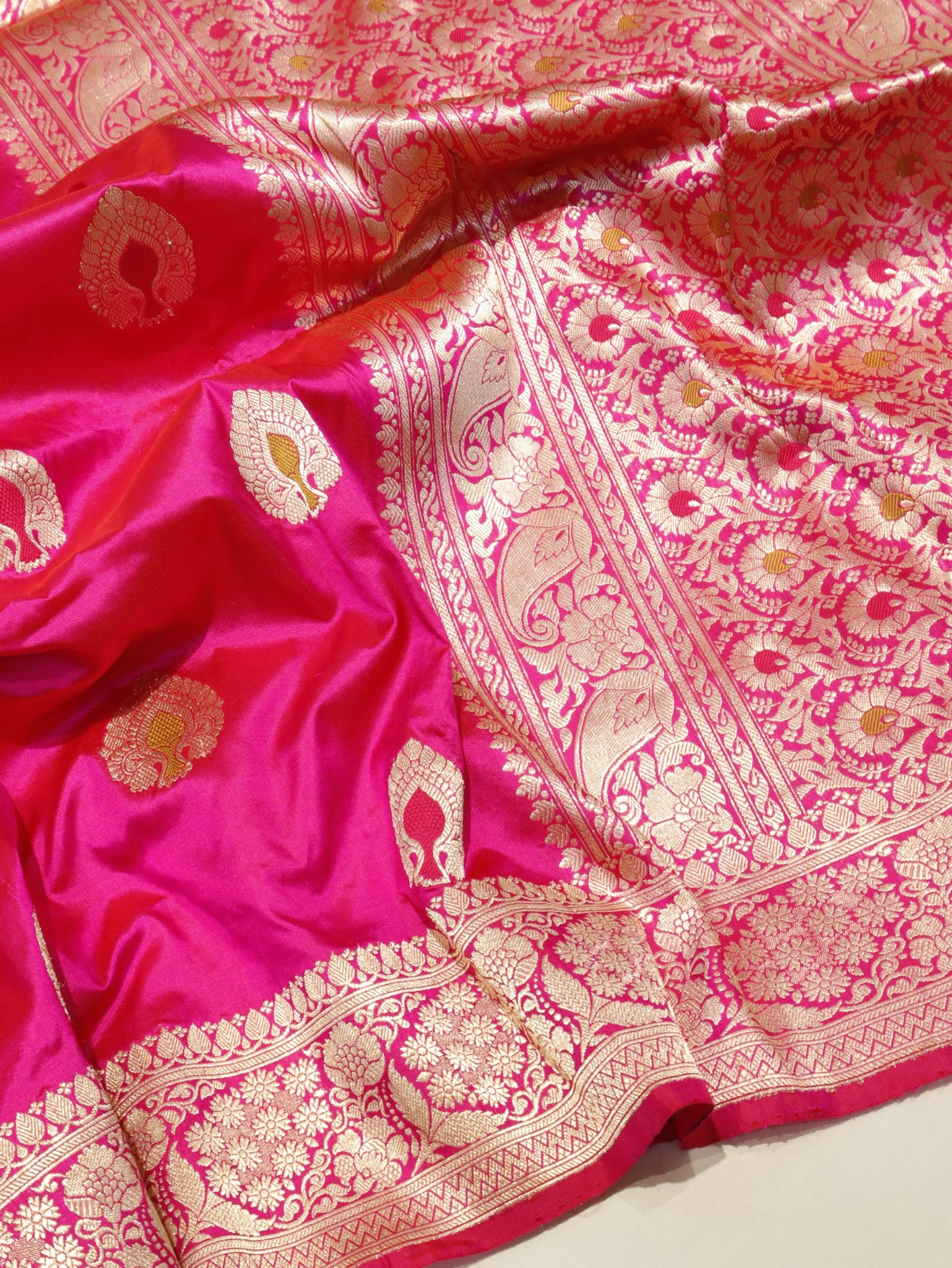 Rani Pink Katan Silk Banarasi saree front drape view