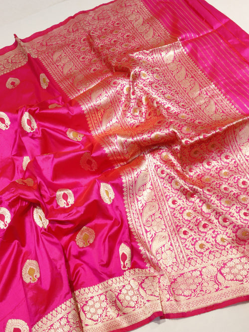 Rani Pink Katan Silk Banarasi saree border closeup