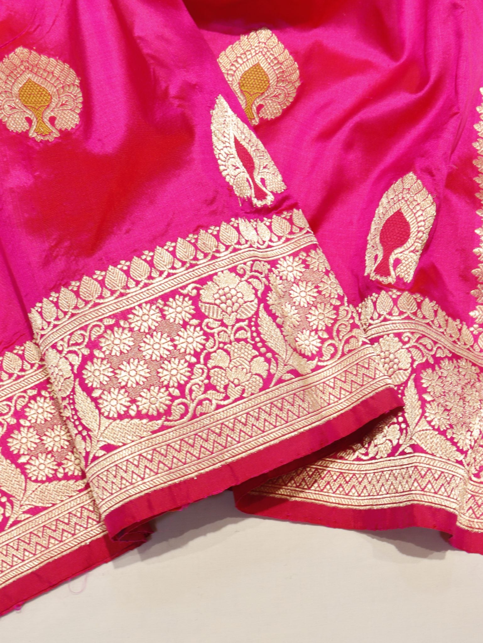 Rani Pink Katan Silk Banarasi saree zari work detail