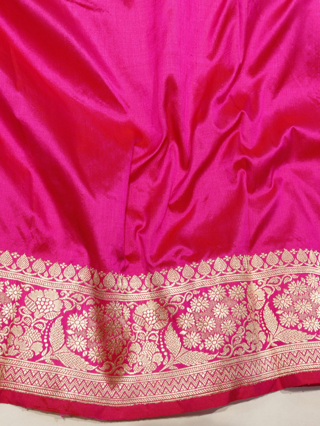 Rani Pink Katan Silk Banarasi saree front drape view