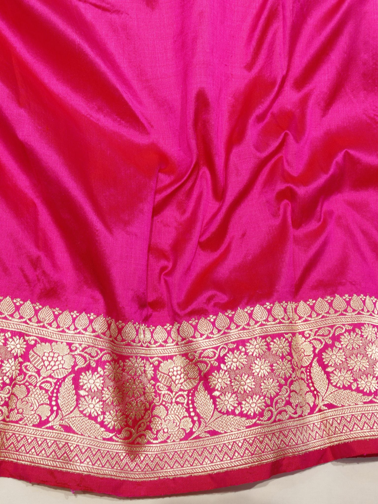 Rani Pink Katan Silk Banarasi saree front drape view