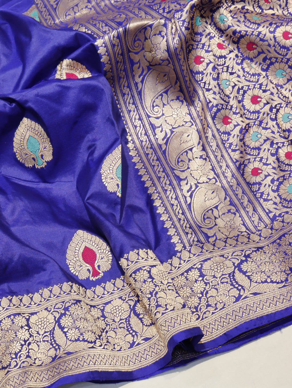 Royal blue Katan Silk Banarasi saree front drape view